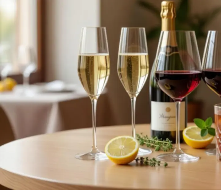Elegáns bor- és koktélválogatás champagne hangulatú bárpulton