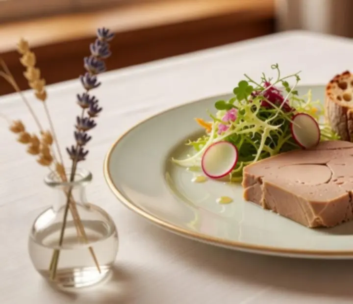 Elegánsan tálalt gourmet előétel tányér friss alapanyagokkal