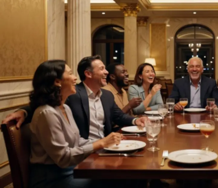 Vendégek beszélgetnek egy társasági pókerasztal körül, fine dining fogásokkal és koktélokkal