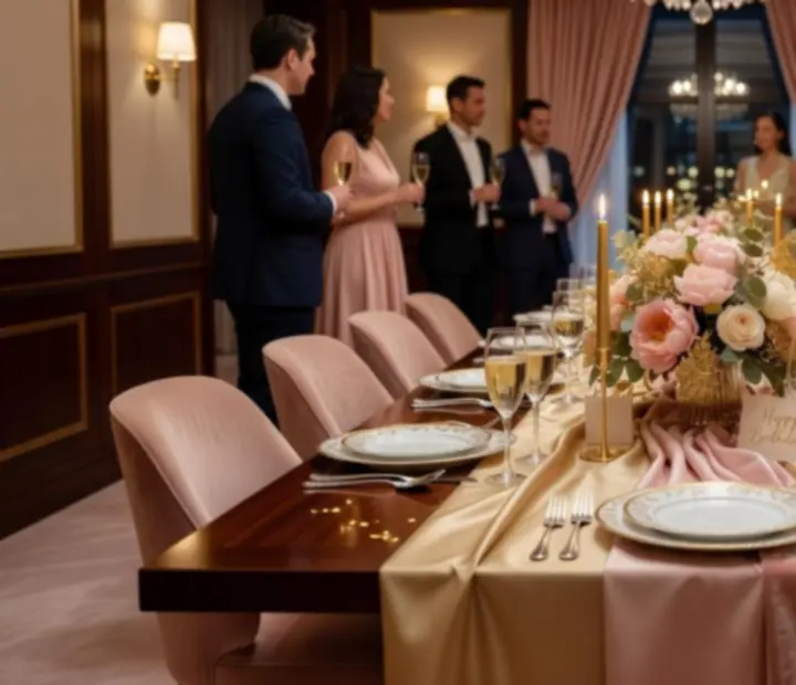 Elegáns, gyertyafényes privát vacsora hosszú asztallal egy budapesti étterem különtermében